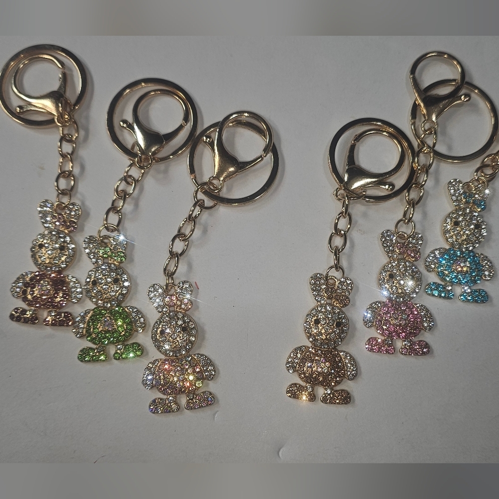 Set Of 3 Mint Gold & Rhinestone Bunny  Keychain Bag Charm Select Color New